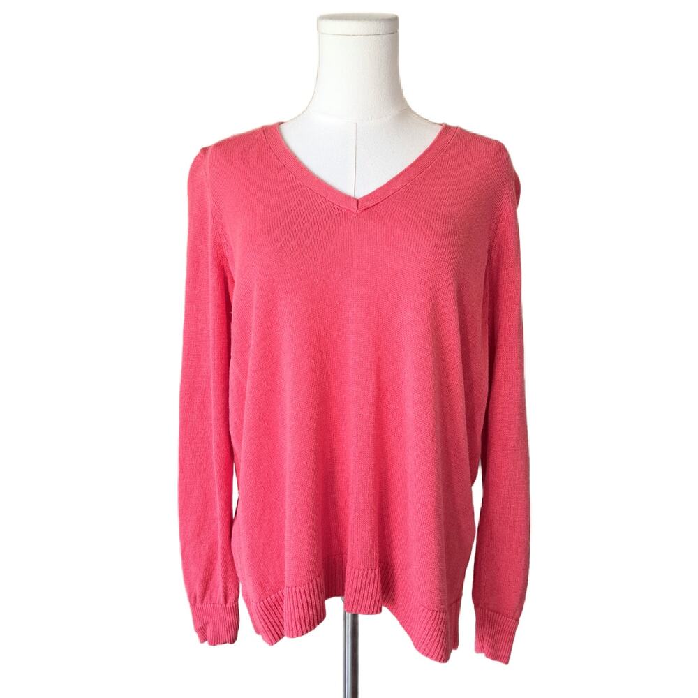 EILEEN FISHER 100% Organic Linen V-Neck Knit Sweater Pink Coral Medium